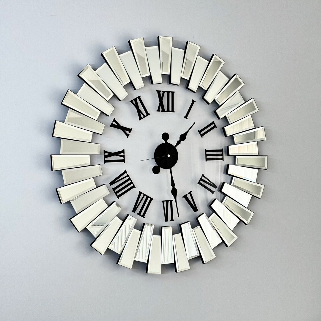 Roman Numerals Silver Mirrored Frame Big Size Decorative Wall Clock and ...
