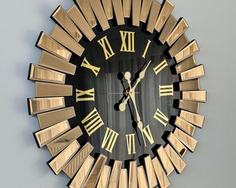 Copper Mirrored Unique Wall Clock and Wall Mirror Decor, Gold Roman Numerals, Large Clock and Decor for Wall, Best Home Gift, Designer Clock