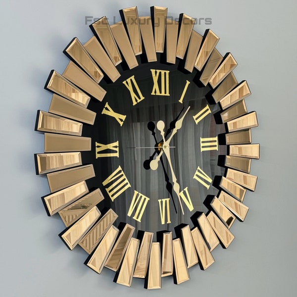 Horloge murale unique en cuivre et miroir mural, chiffres romains dorés, grande horloge et décoration murale, meilleur cadeau pour la maison, horloge design