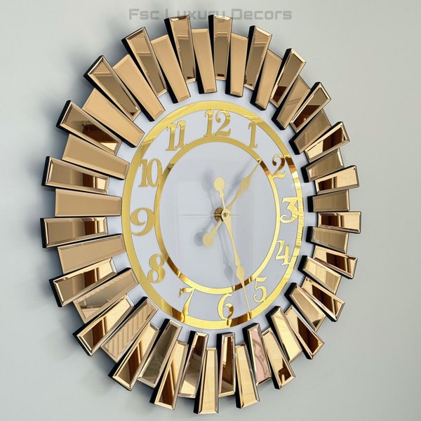 Runde einzigartige Design Wanduhr und Wanddekor mit Bronze Spiegelrahmen, Wanduhr mit Goldnummer, einzigartiges neues Zuhause Geschenk, Glasspiegel Kunst