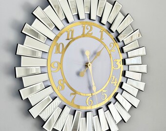 Round Silver Mirrored Oversized Wall Clock, Perfect Home Gift, Farmhouse Decor Clock, Mirror Wall Decor Art, Gold Numerals, Sun Design Clock