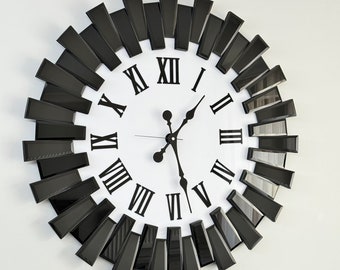Reloj de pared con números romanos redondos con espejo real negro, reloj para el hogar y la oficina de lujo, decoración de pared negra de diseño único, reloj de pared grande silencioso