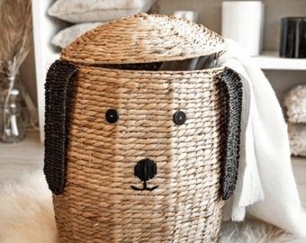 Cesto in giacinto d'acqua, Max the Dog. Cesto decorativo naturale fatto a mano, cestino e cassettiera per giochi e giocattoli per bambini