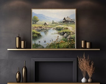 May include: A framed painting depicting a rural landscape with a wooden farmhouse, a river, and a few birds. The painting is set against a dark grey wall with a fireplace and shelves with decorative vases.