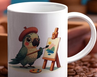 Parrot Mug, Bird Lover Gift, Painter Parrot, Fun Coffee Mug, Artistic Bird, 11oz Ceramic Mug, Art Lover Gift, Art Lover Mug, Creative Bird