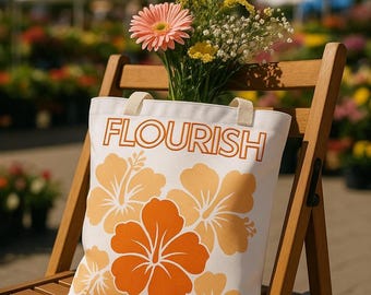 Bolsa de lona reutilizable con diseño floral retro de hibisco.