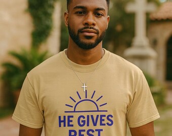 He Gives Rest Christian T-Shirt Bible Verse Tee Inspirational Gift Religious Gift for Him Christian T-shirt for Men Vintage Faith Apparel