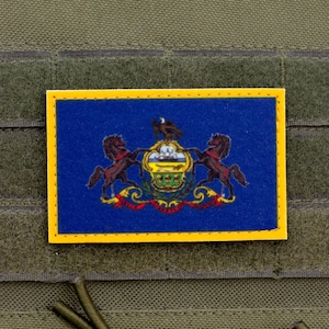 Puede incluir: Un parche rectangular con la bandera del estado de Pensilvania, con un fondo azul y un emblema central de un escudo flanqueado por dos caballos. El parche tiene un borde amarillo y está sobre una tela verde.