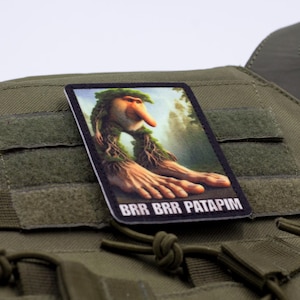 May include: A rectangular patch featuring a whimsical illustration of a creature with a long nose and leafy hair, with the text "BRR BRR PATAPIM". The patch is affixed to a green tactical vest.