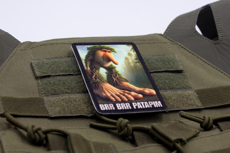 May include: A rectangular patch featuring a whimsical illustration of a creature with a long nose and leafy hair, with the text "BRR BRR PATAPIM". The patch is affixed to a green tactical vest.