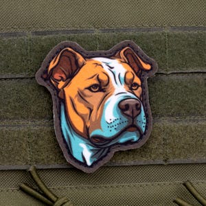 May include: A colourful patch depicting a dog's head. The dog has brown and white fur with blue accents around the muzzle. The patch is set against a green background with Velcro strips.