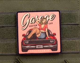 Vintage Garage Pin-Up Patch — Classic Car & Retro Morale Patch