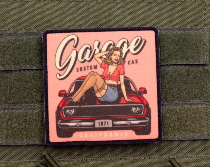 Vintage Garage Pin-Up Patch — Classic Car & Retro Morale Patch