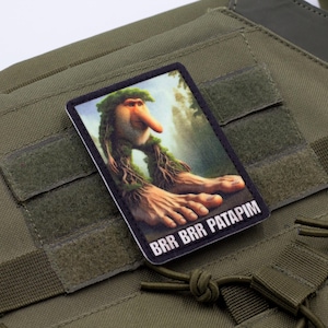 May include: A rectangular patch featuring a whimsical illustration of a creature with a long nose and leafy hair, with the text "BRR BRR PATAPIM". The patch is affixed to an olive green tactical vest.