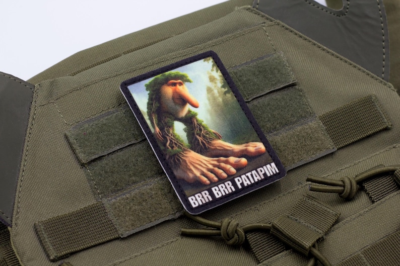 May include: A rectangular patch featuring a whimsical illustration of a creature with a long nose and leafy hair, with the text "BRR BRR PATAPIM". The patch is affixed to an olive green tactical vest.