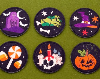 Halloween Spooky Patch Set | 6 pcs | 3″ Round | Sublimated Felt | Hook and Loop Backing