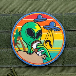 Alien with coffee UFO hook and loop morale space patch