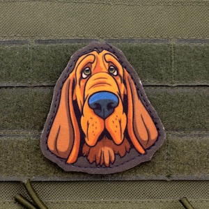 Può includere: Toppa con un'illustrazione a cartoni animati del muso di un cane Bloodhound. Il cane ha pelo arancione e marrone, un naso blu e occhi tristi. La toppa è attaccata a uno sfondo di tessuto verde.