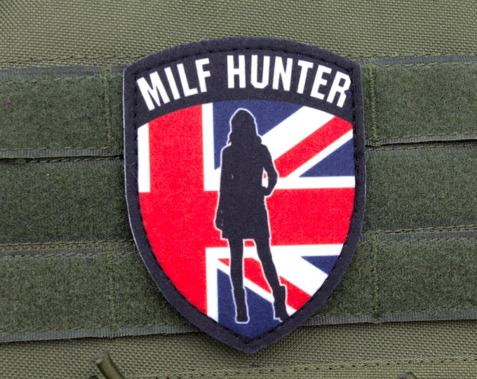MILF Hunter British Flag Patch, Funny Adult Humor Morale Patch