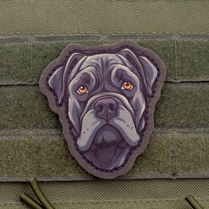 Può includere: Una toppa con un'illustrazione stilizzata della testa di un cane mastino napoletano. Il cane è raffigurato in tonalità di grigio con occhi arancioni e un naso scuro. La toppa è posta su uno sfondo verde con cinghie in velcro.