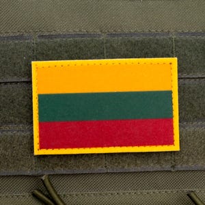 May include: A rectangular patch featuring the Lithuanian flag, with horizontal stripes of yellow, green, and red, set against a dark green background. The patch has a yellow border and is attached to a tactical vest.