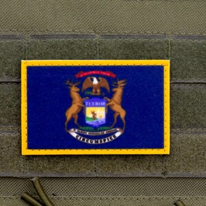 Pode incluir: Um remendo amarelo e azul com o selo do estado de Michigan. O selo apresenta uma águia careca com um escudo que diz "Tuebor" e "Si Quaeris Peninsulam Amoenam Circumspice".