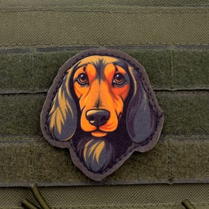 Puede incluir: Parche con una ilustración detallada de la cabeza de un perro salchicha. El perro tiene pelaje naranja y negro, con una expresión atenta. El parche está adherido a un fondo de tela verde, probablemente un chaleco táctico.