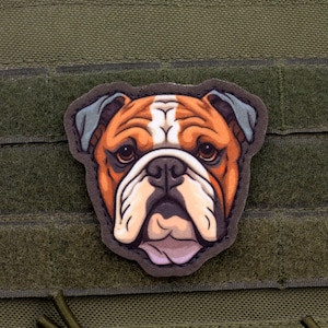 Può includere: Toppa con un'illustrazione dettagliata del volto di un bulldog. Il muso del cane è principalmente marrone e bianco, con accenti grigi sulle orecchie. La toppa è applicata su uno sfondo verde con chiusura a strappo.