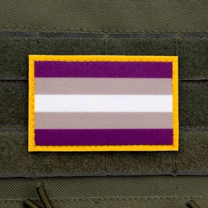 May include: A rectangular patch featuring the asexual pride flag, with horizontal stripes in purple, gray, white, and black, outlined in yellow. The patch is affixed to a green fabric background.