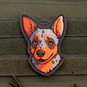 May include: A colorful patch featuring a cartoon-style dog head. The dog has orange and gray fur with a black outline. The patch is attached to a green fabric background with Velcro.
