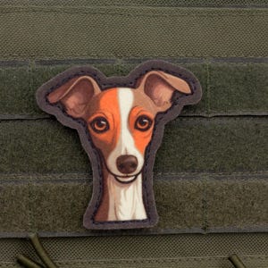 May include: A patch featuring a detailed illustration of an Italian Greyhound dog's head. The dog has brown and white fur, with large, expressive eyes. The patch is bordered with a dark gray stitching and is set against a green background.