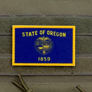 Könnte beinhalten: Ein blauer und gelber Patch mit dem Text "STATE OF OREGON" und dem Jahr "1859" auf grünem Hintergrund.