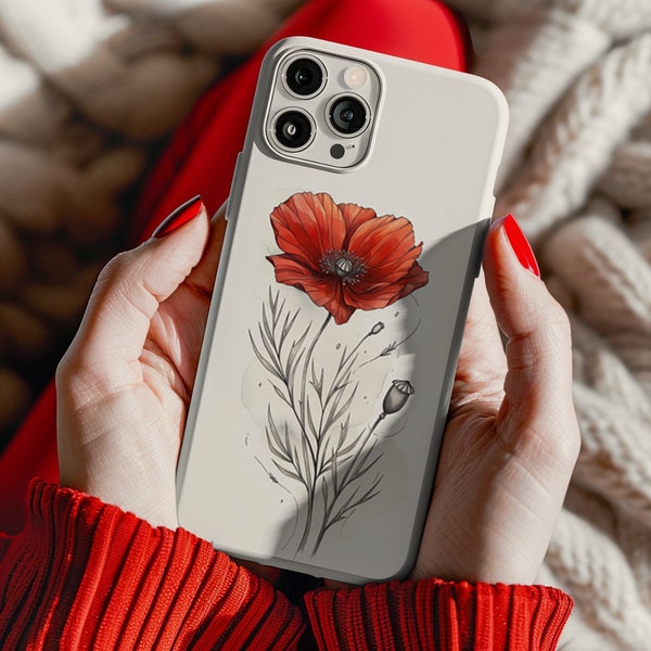 Red poppy flower earth tone doodle cell phone cover for iPhone Samsung Galaxy and Google Pixel devices Worldwide ship all occasionsping
