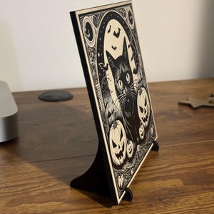 Black Cat Vintage Style Halloween Decor, Halloween Black Cat Bats Jack-o-lantern Laser Engraved Wood Plaque, Various Sizes.