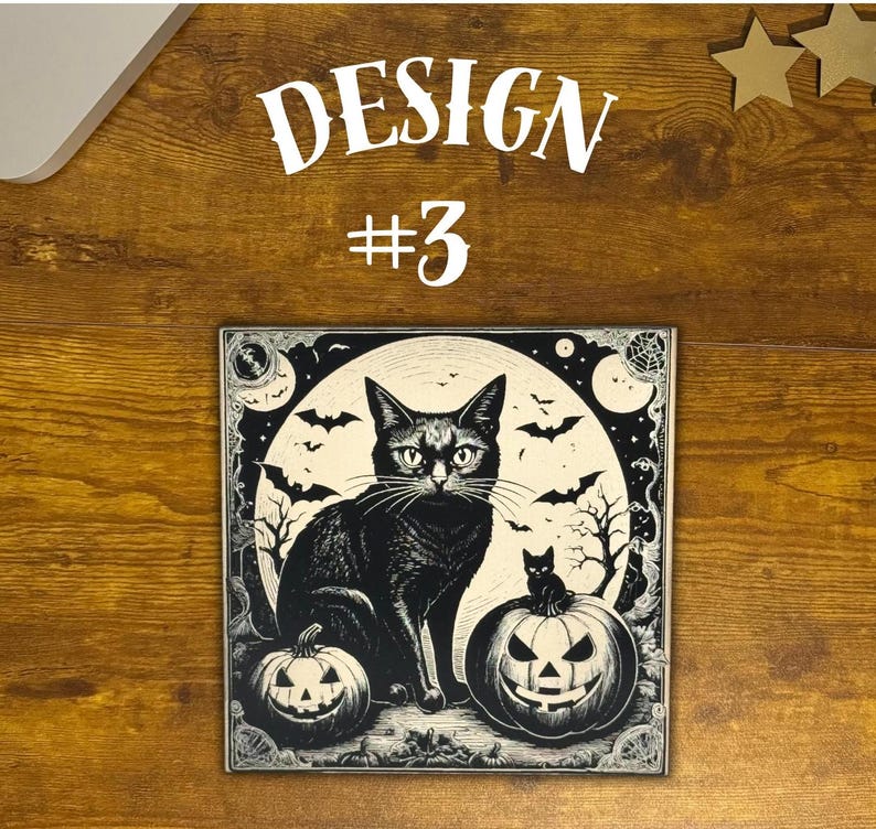 Black Cat Vintage Style Halloween Decor, Halloween Black Cat Bats Jack-o-lantern Laser Engraved Wood Plaque, Various Sizes.