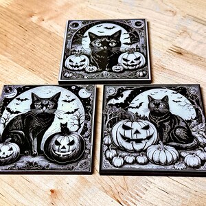 Black Cat Halloween Coasters: Laser Engraved Wood & Resin, Set of 3 image 5