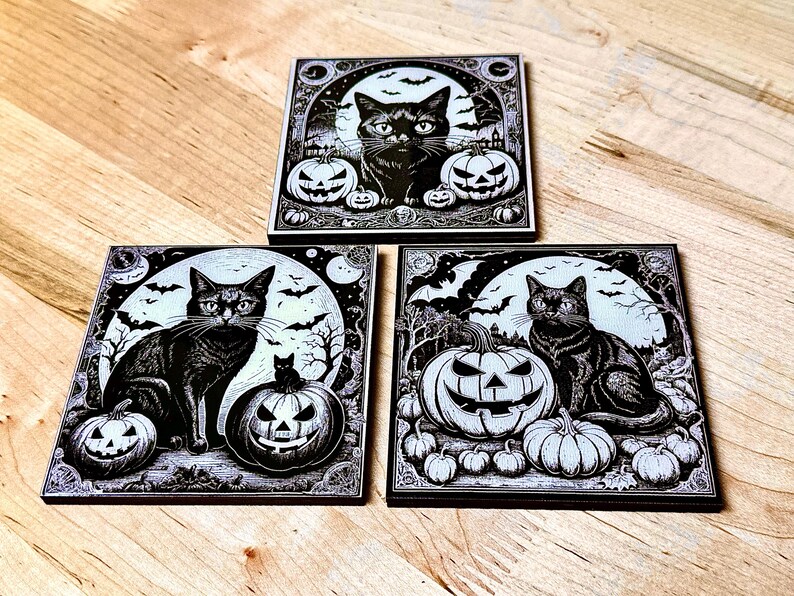 Black Cat Halloween Coasters: Laser Engraved Wood & Resin, Set of 3 image 5