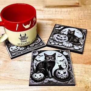 Black Cat Halloween Coasters: Laser Engraved Wood & Resin, Set of 3 image 6