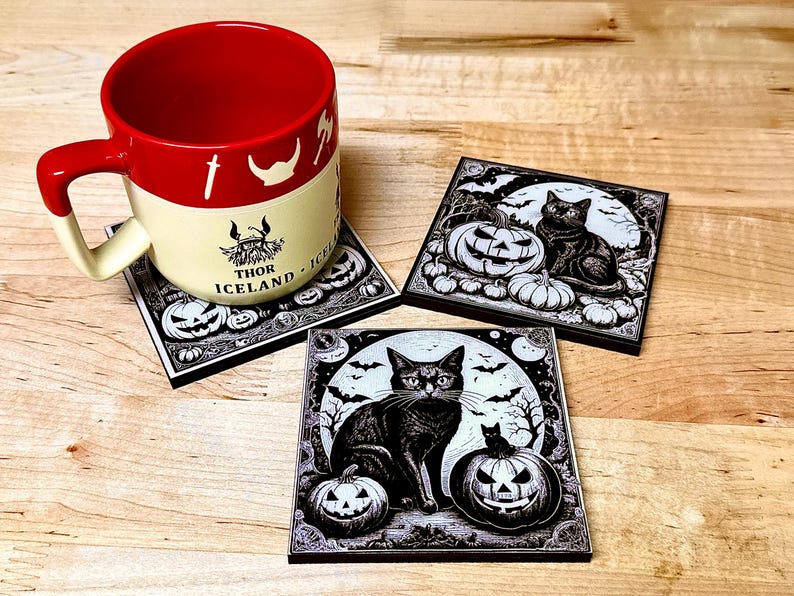 Black Cat Halloween Coasters: Laser Engraved Wood & Resin, Set of 3 image 6