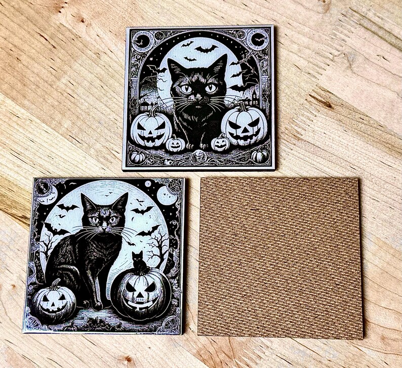 Black Cat Halloween Coasters: Laser Engraved Wood & Resin, Set of 3 image 9