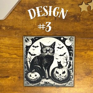 Black Cat Vintage Style Halloween Coasters, Halloween Black Cat Bats Jack-o-lantern Refrigerator Laser Engraved Wood Coasters, Sets of 3.