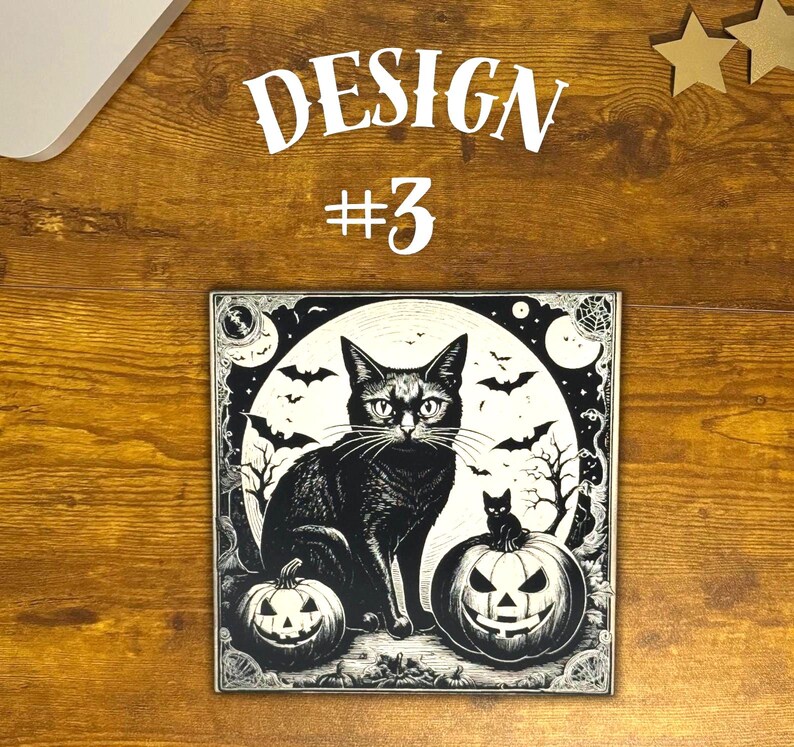 Black Cat Vintage Style Halloween Coasters, Halloween Black Cat Bats Jack-o-lantern Refrigerator Laser Engraved Wood Coasters, Sets of 3.