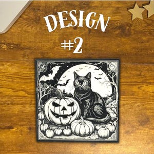 Black Cat Vintage Style Halloween Coasters, Halloween Black Cat Bats Jack-o-lantern Refrigerator Laser Engraved Wood Coasters, Sets of 3.