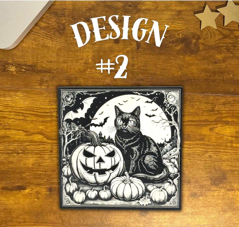 Black Cat Vintage Style Halloween Coasters, Halloween Black Cat Bats Jack-o-lantern Refrigerator Laser Engraved Wood Coasters, Sets of 3.
