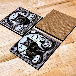 Black Cat Halloween Coasters: Laser Engraved Wood & Resin, Set of 3 image 10