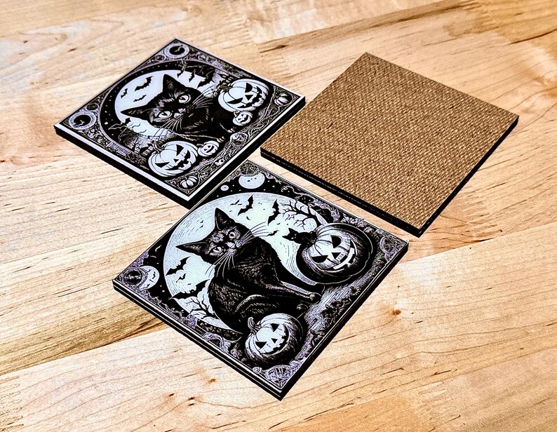 Black Cat Halloween Coasters: Laser Engraved Wood & Resin, Set of 3 image 10