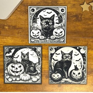 Black Cat Vintage Style Halloween Coasters, Halloween Black Cat Bats Jack-o-lantern Refrigerator Laser Engraved Wood Coasters, Sets of 3.