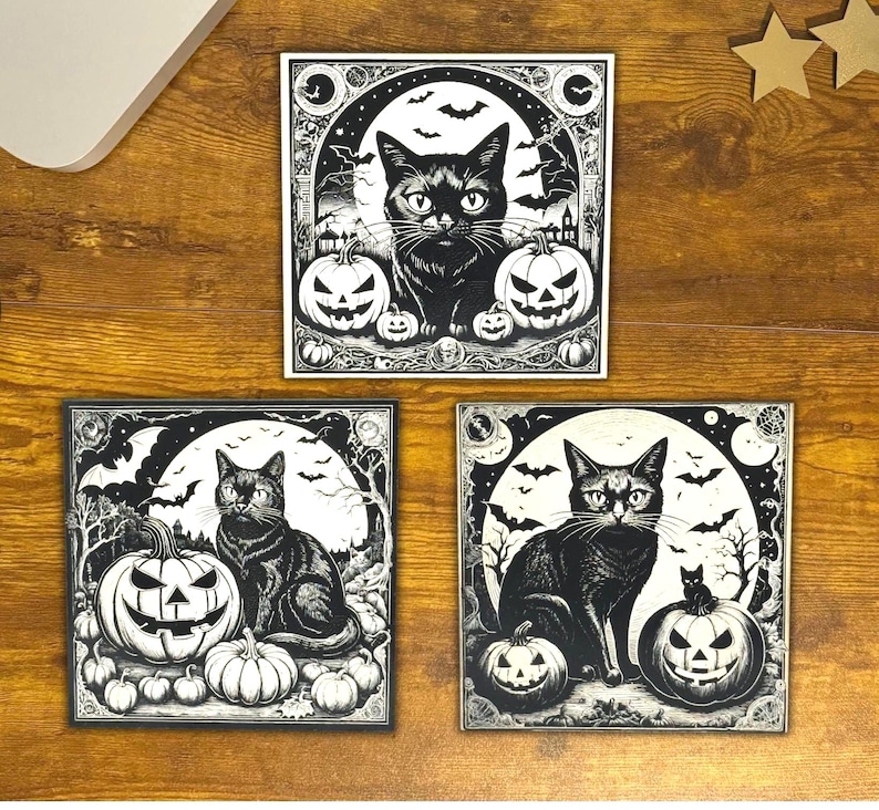 Black Cat Vintage Style Halloween Coasters, Halloween Black Cat Bats Jack-o-lantern Refrigerator Laser Engraved Wood Coasters, Sets of 3.