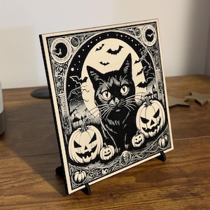 Black Cat Vintage Style Halloween Decor, Halloween Black Cat Bats Jack-o-lantern Laser Engraved Wood Plaque, Various Sizes.
