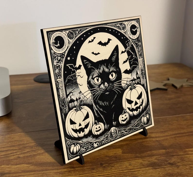 Black Cat Vintage Style Halloween Decor, Halloween Black Cat Bats Jack-o-lantern Laser Engraved Wood Plaque, Various Sizes.